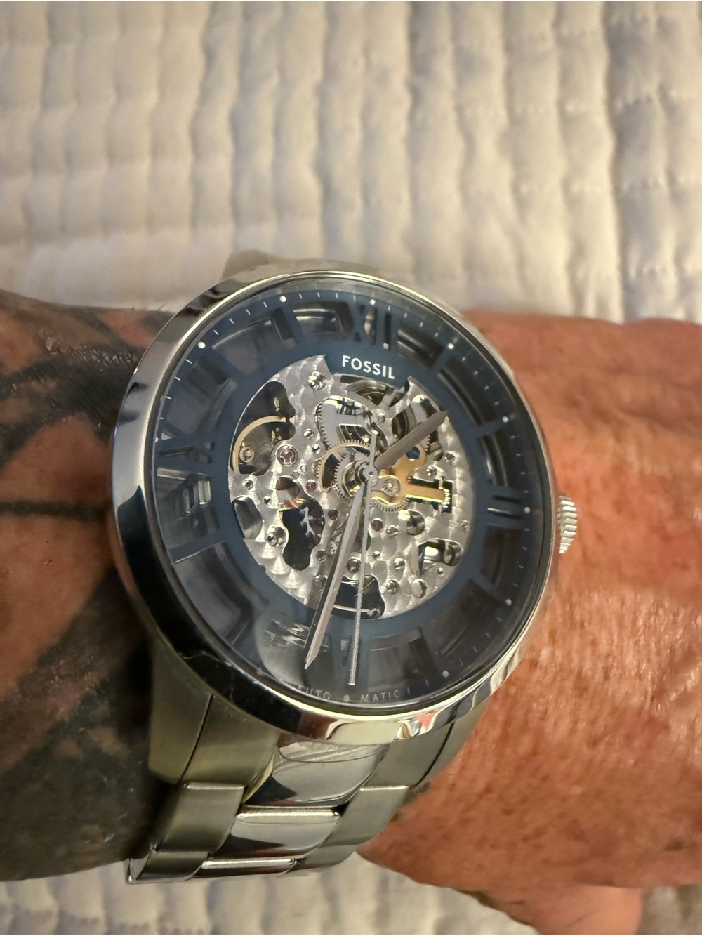 Fossil Townsmen Silver Skeleton Automatic Bracelet Watch - Picture 3 of 6